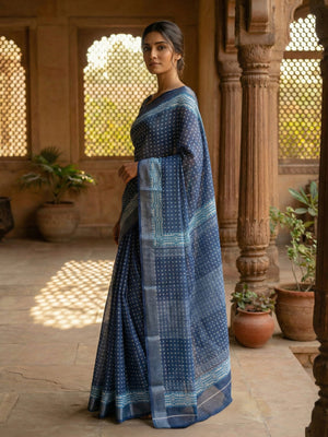 Indigo Blue Printed Semi Linen Saree
