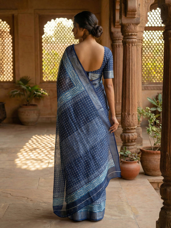 Indigo Blue Printed Semi Linen Saree