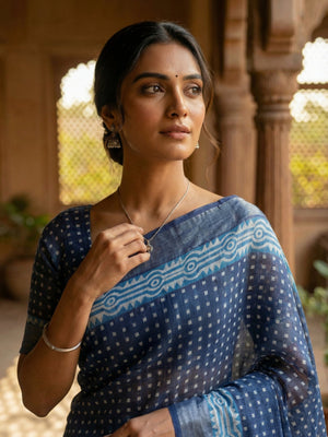 Indigo Blue Printed Semi Linen Saree
