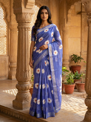 Royal Blue Semi Linen Floral Printed Saree with Self Silver Bavanji Border
