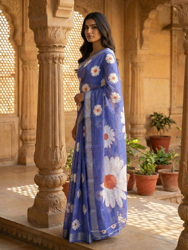 Royal Blue Semi Linen Floral Printed Saree with Self Silver Bavanji Border