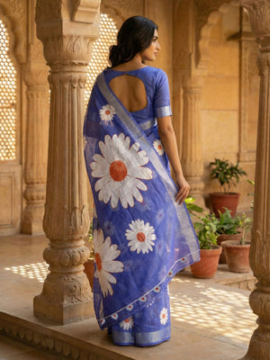 Royal Blue Semi Linen Floral Printed Saree with Self Silver Bavanji Border