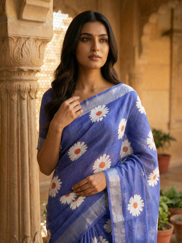 Royal Blue Semi Linen Floral Printed Saree with Self Silver Bavanji Border