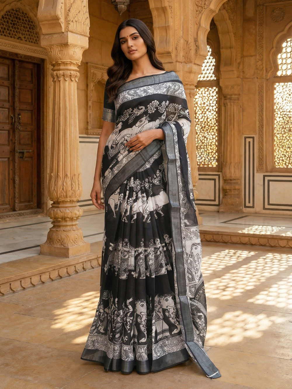 Black Printed Semi Linen Saree With Printed Pallu