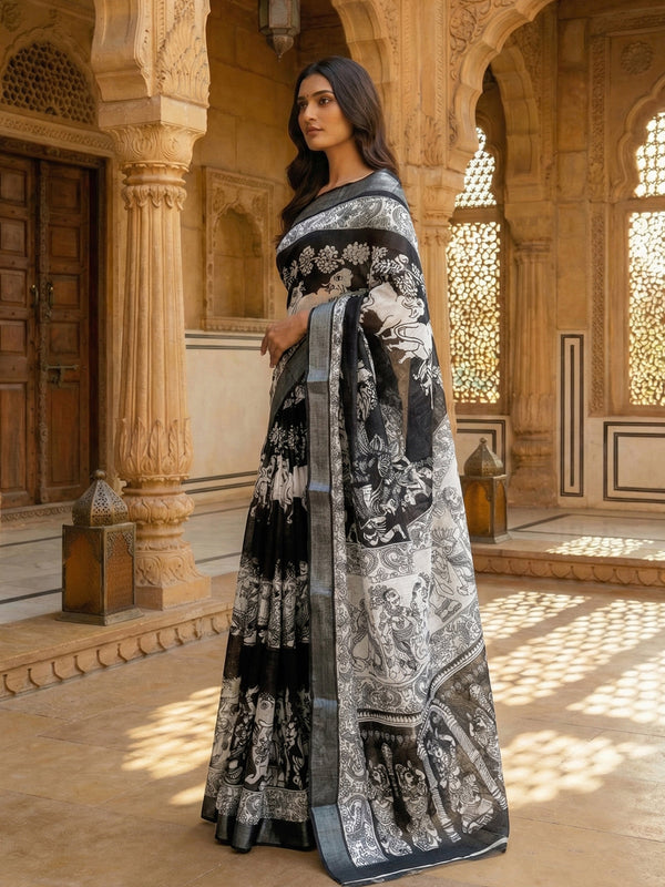 Black Printed Semi Linen Saree With Printed Pallu