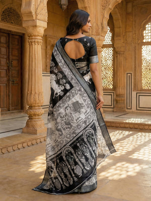 Black Printed Semi Linen Saree With Printed Pallu