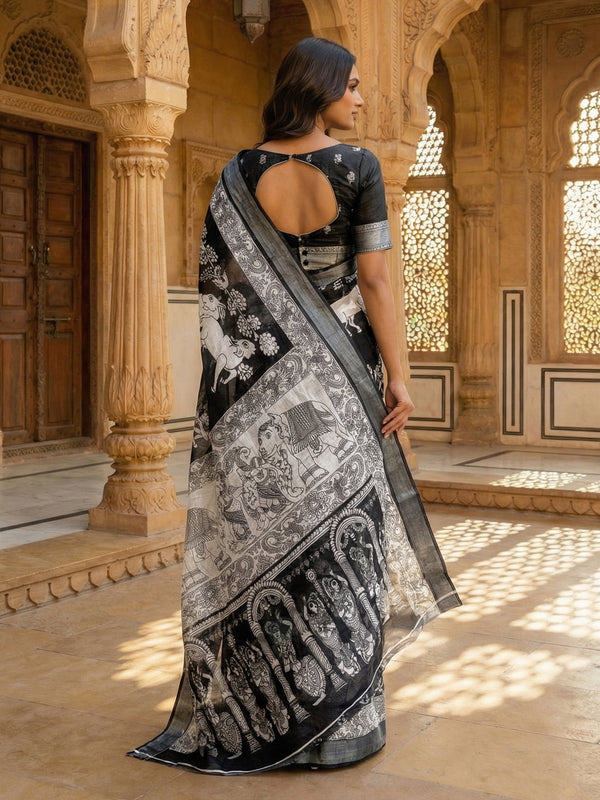 Black Printed Semi Linen Saree With Printed Pallu