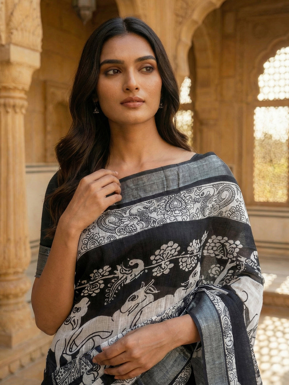 Black Printed Semi Linen Saree With Printed Pallu