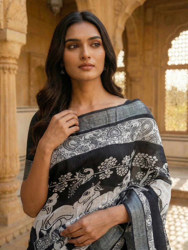 Black Printed Semi Linen Saree With Printed Pallu