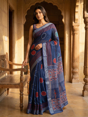 Indigo Blue Semi Linen Saree