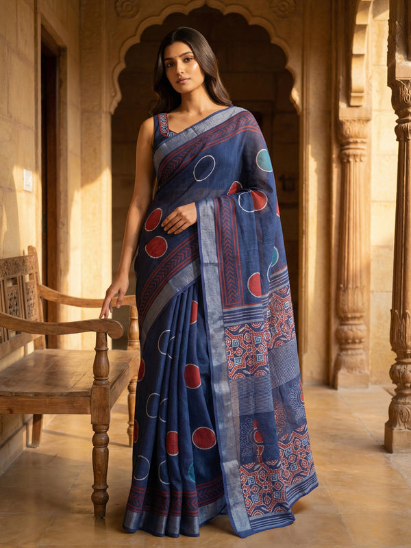 Indigo Blue Semi Linen Saree