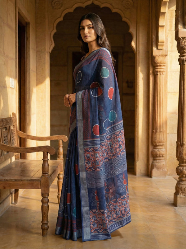 Indigo Blue Semi Linen Saree