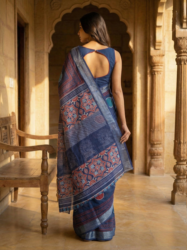 Indigo Blue Semi Linen Saree