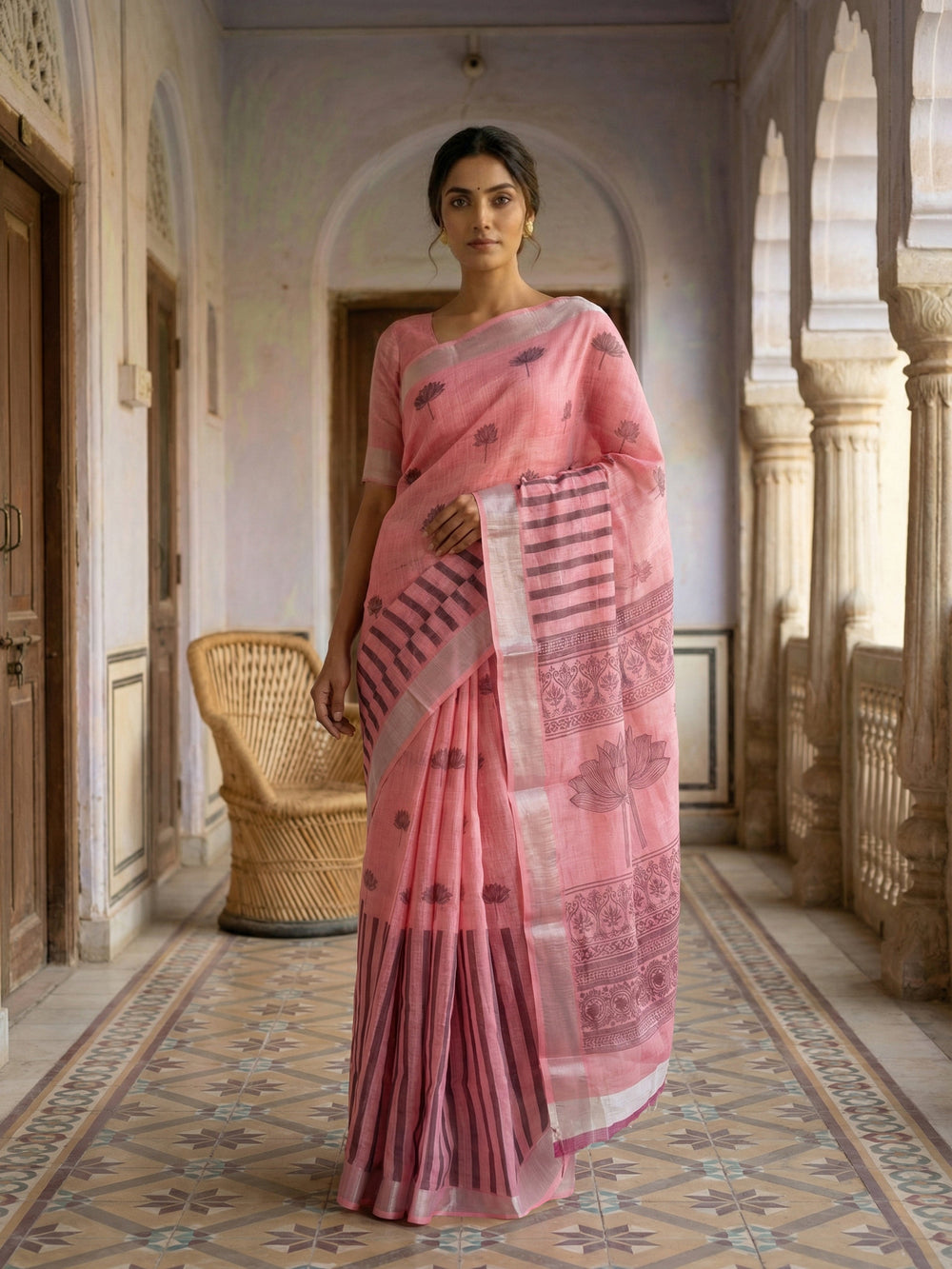Pink Linen Cotton Saree with Lotus Motif Print and Contrast Pallu