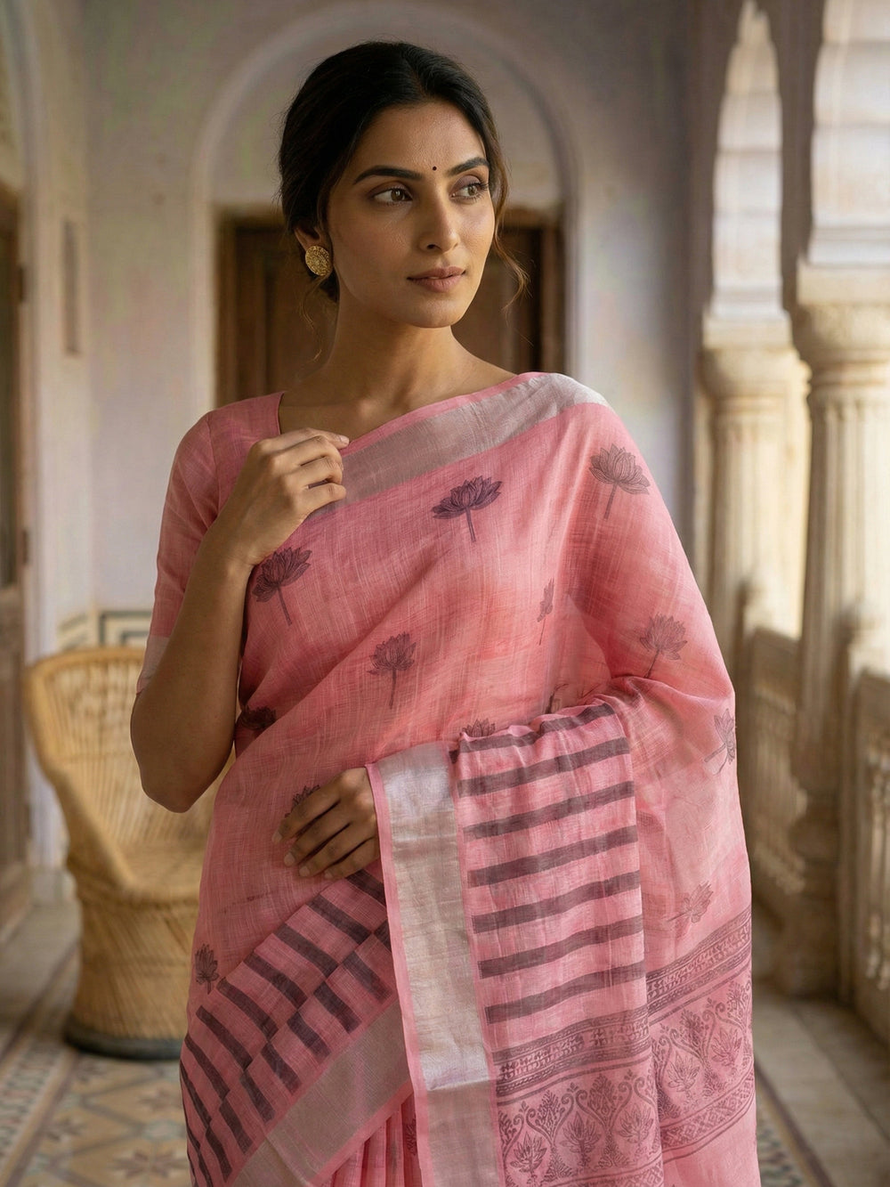 Pink Linen Cotton Saree with Lotus Motif Print and Contrast Pallu
