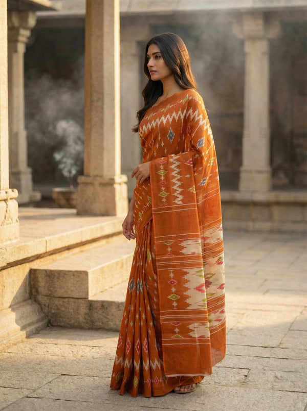 Elegant Rust Orange Soft Cotton Saree with Traditional Ikat-Inspired Motifs
