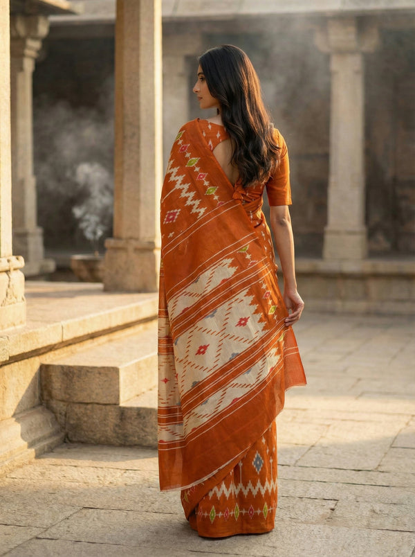 Elegant Rust Orange Soft Cotton Saree with Traditional Ikat-Inspired Motifs