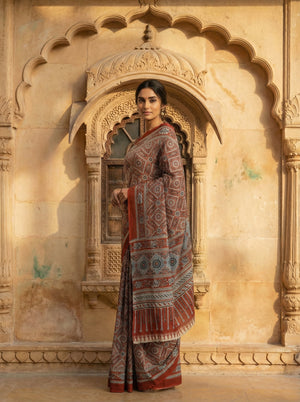Rust Orange Soft Cotton Saree with All-Over Ajrakh-Inspired Geometric Print & Contrast Border