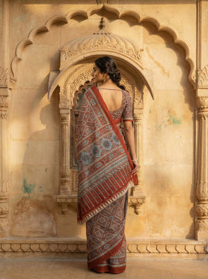 Rust Orange Soft Cotton Saree with All-Over Ajrakh-Inspired Geometric Print & Contrast Border