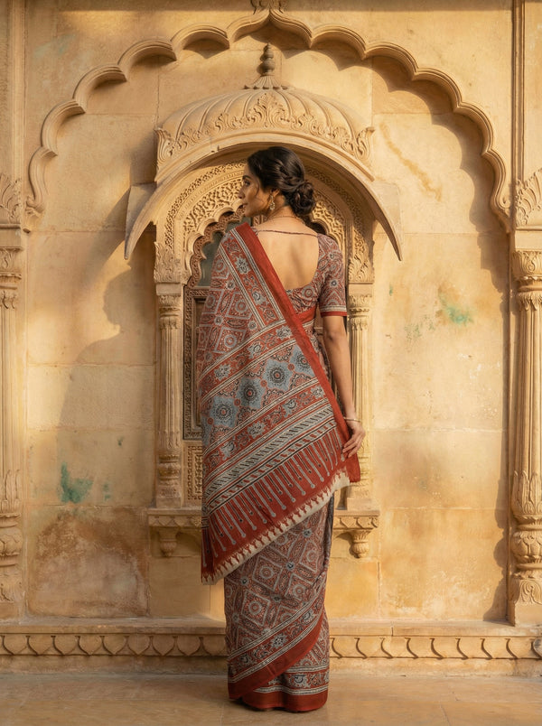 Rust Orange Soft Cotton Saree with All-Over Ajrakh-Inspired Geometric Print & Contrast Border