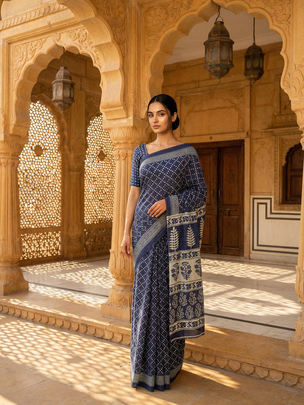 Classic Navy Blue Soft Cotton Saree with White Hand Block Print