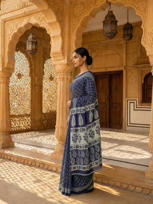 Classic Navy Blue Soft Cotton Saree with White Hand Block Print