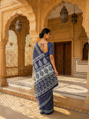 Classic Navy Blue Soft Cotton Saree with White Hand Block Print