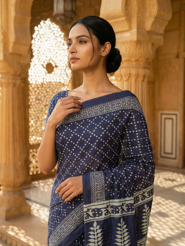 Classic Navy Blue Soft Cotton Saree with White Hand Block Print