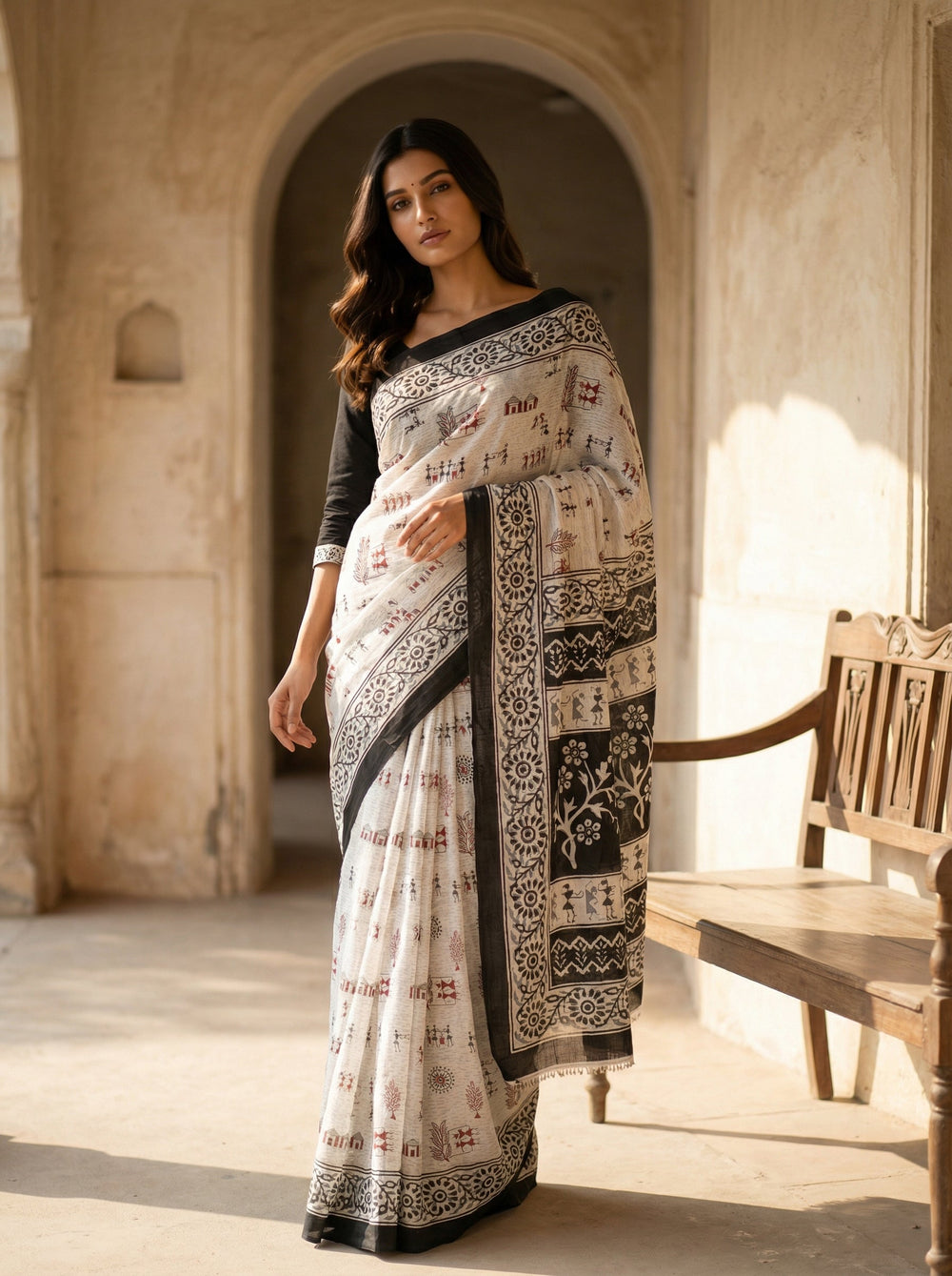 Ivory White Soft Cotton Saree with Black Tribal Warli Print Border