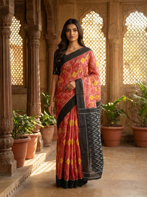 Classic Peach & Black Soft Cotton Saree with Ikat-Inspired Hand Print