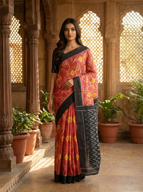 Classic Peach & Black Soft Cotton Saree with Ikat-Inspired Hand Print