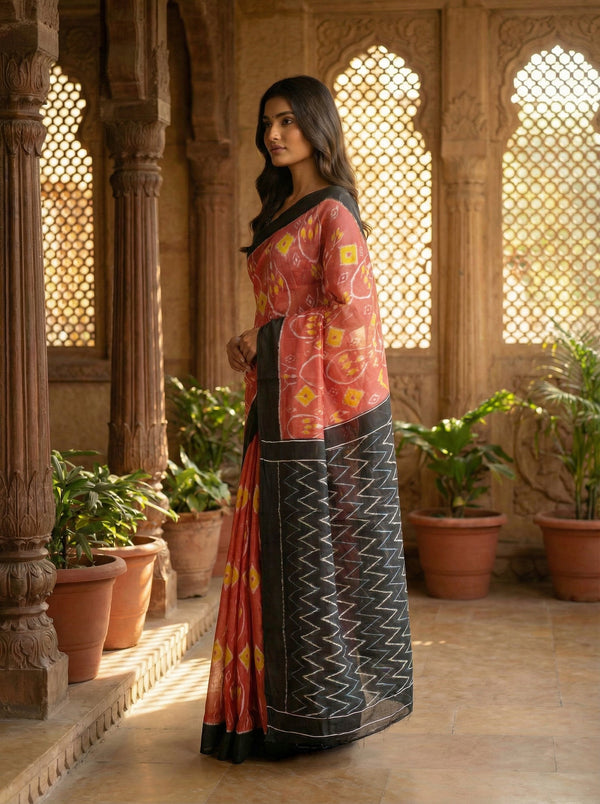 Classic Peach & Black Soft Cotton Saree with Ikat-Inspired Hand Print