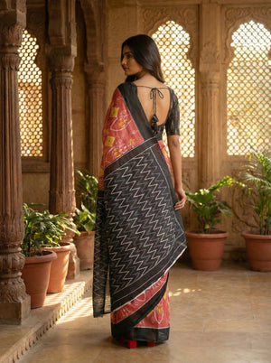 Classic Peach & Black Soft Cotton Saree with Ikat-Inspired Hand Print