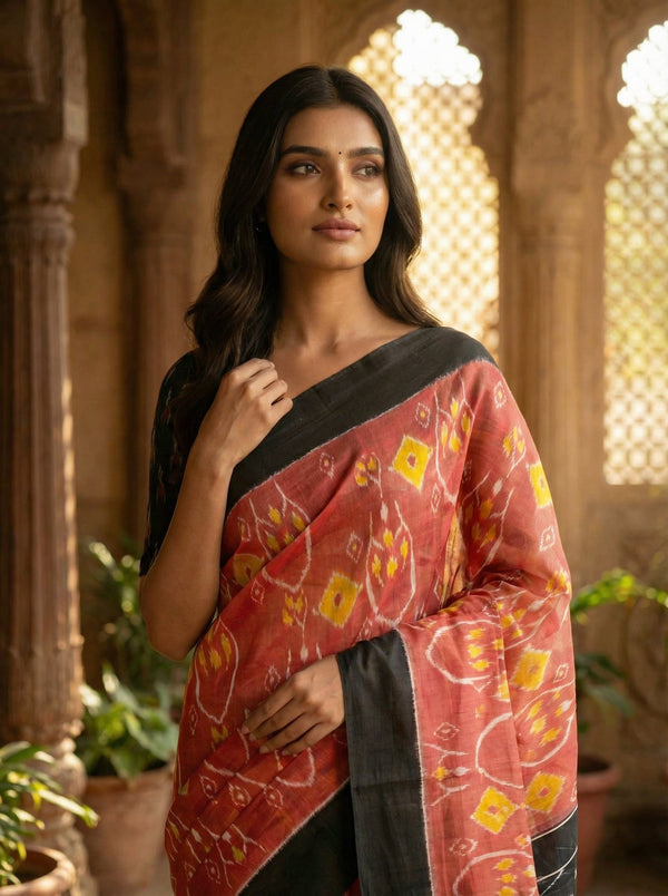 Classic Peach & Black Soft Cotton Saree with Ikat-Inspired Hand Print
