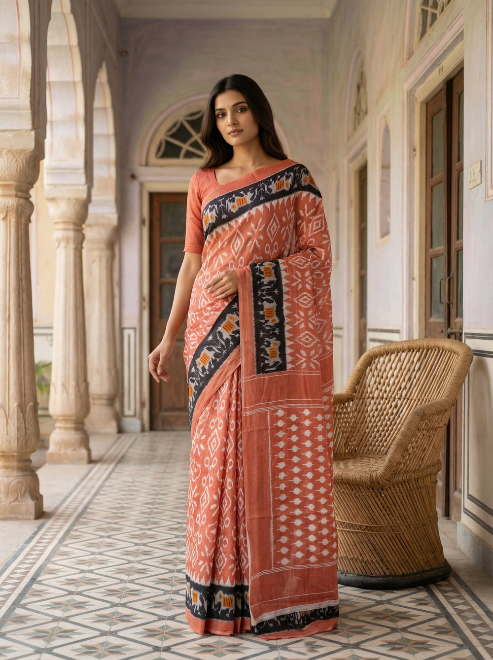 Rust Orange Soft Cotton Ikat Print Saree with Black Contrast Border