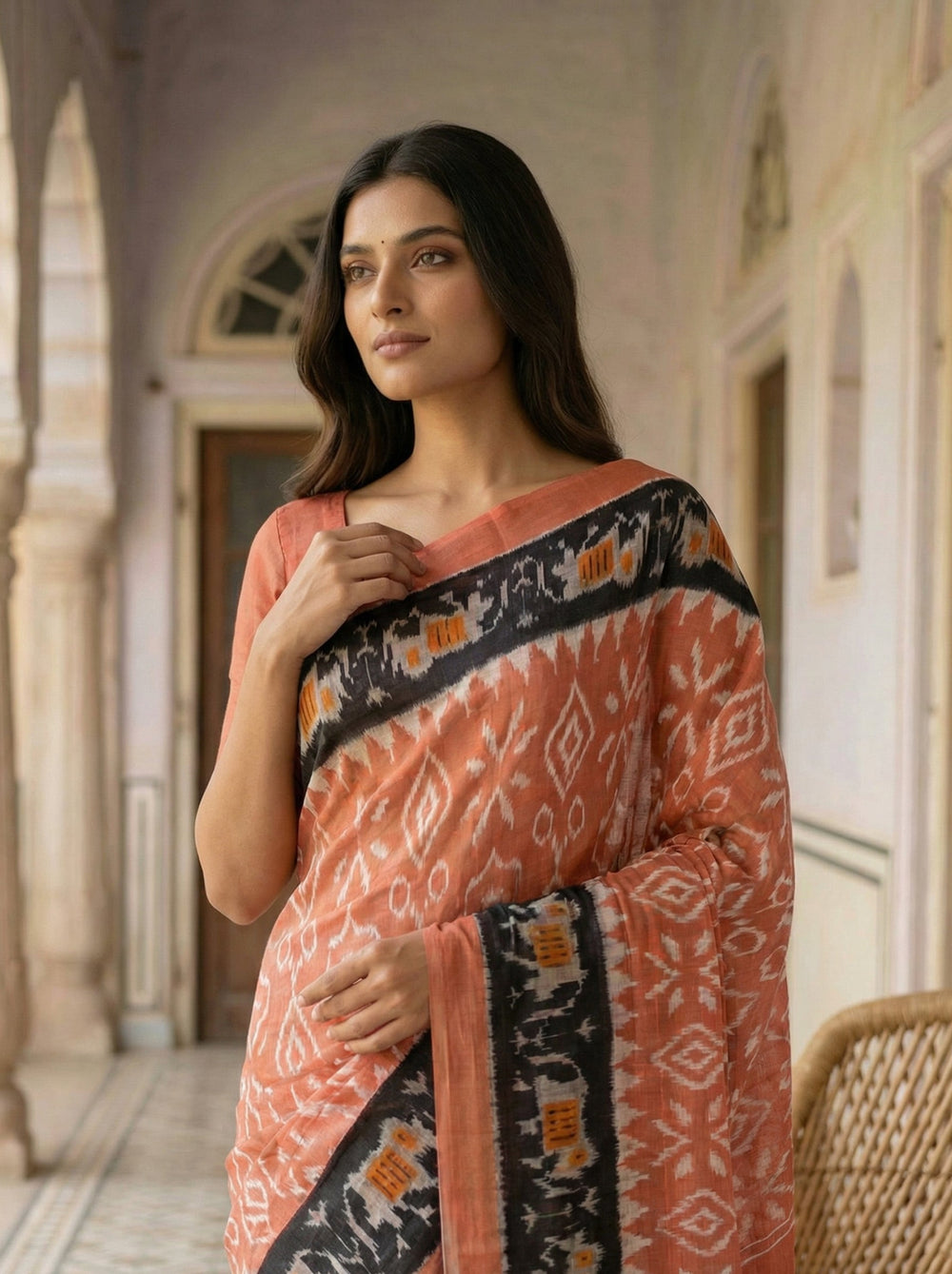 Rust Orange Soft Cotton Ikat Print Saree with Black Contrast Border