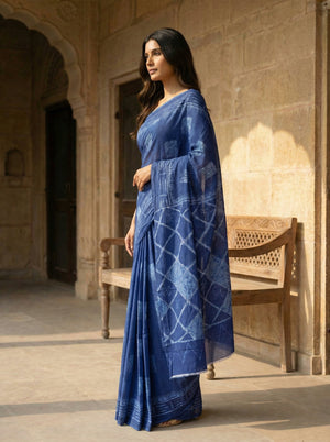 Indigo Blue Hand Block Printed Cotton Saree with Geometric Pallu