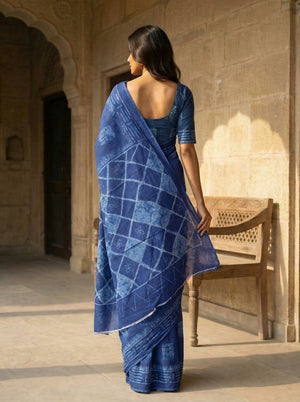 Indigo Blue Hand Block Printed Cotton Saree with Geometric Pallu