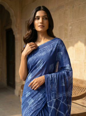 Indigo Blue Hand Block Printed Cotton Saree with Geometric Pallu