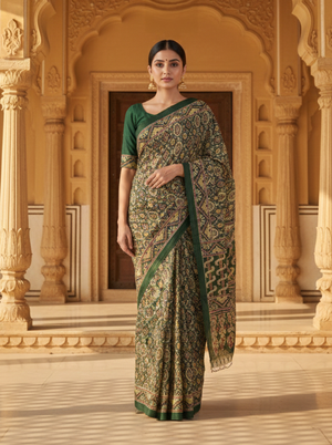 Dark Green Ajrakh-Inspired Printed Cotton Saree with Traditional Border