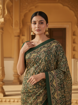 Dark Green Ajrakh-Inspired Printed Cotton Saree with Traditional Border
