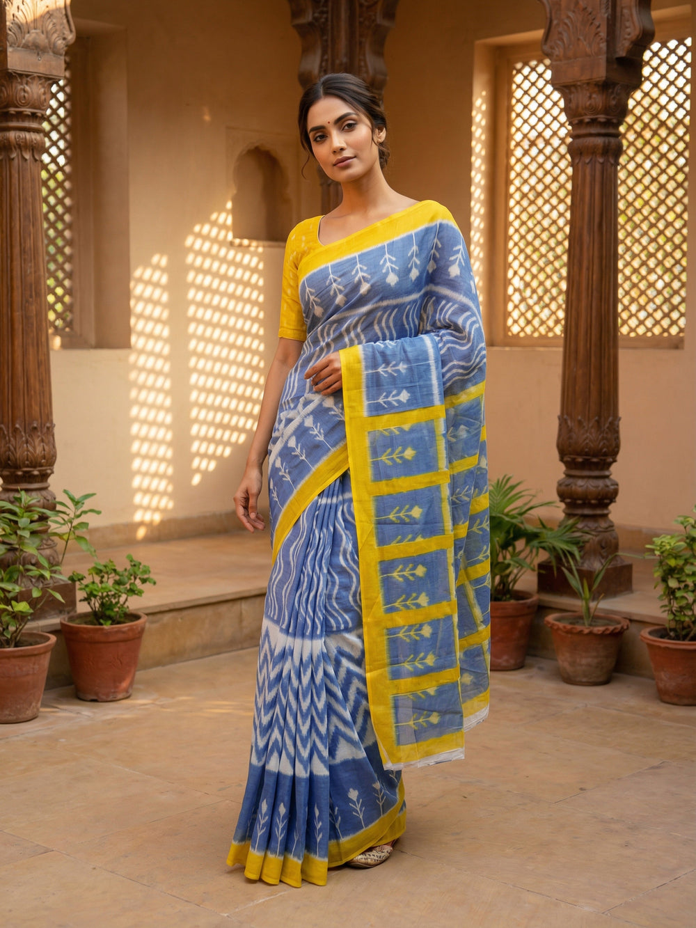 Ash Blue & Yellow Handloom Cotton Saree with Ikat-Inspired Patterns