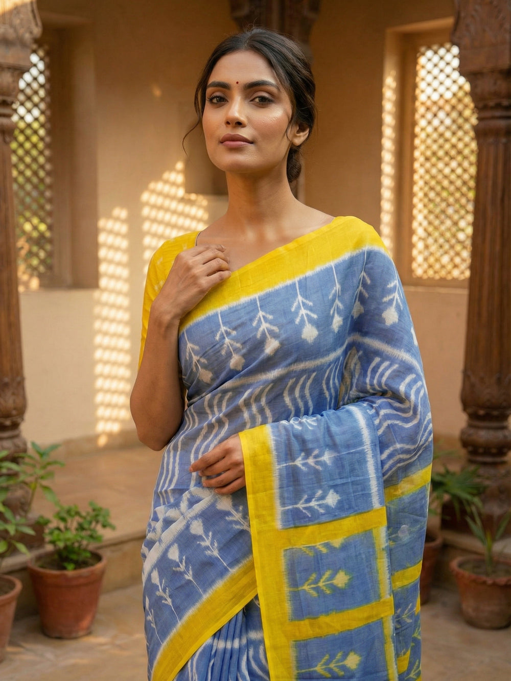 Ash Blue & Yellow Handloom Cotton Saree with Ikat-Inspired Patterns