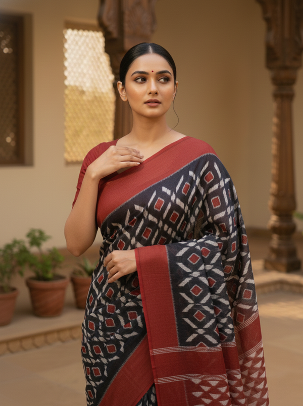 Black Soft Cotton Saree with Red Ikat-Inspired Print & Contrast Border