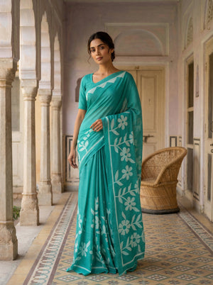 Teal Blue Soft Cotton Saree with White Floral Print & Contrast Border