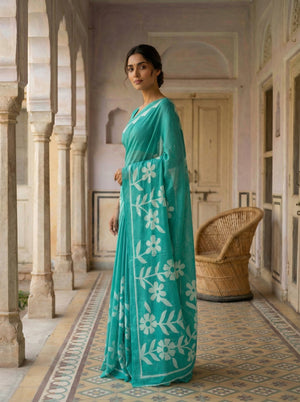 Teal Blue Soft Cotton Saree with White Floral Print & Contrast Border