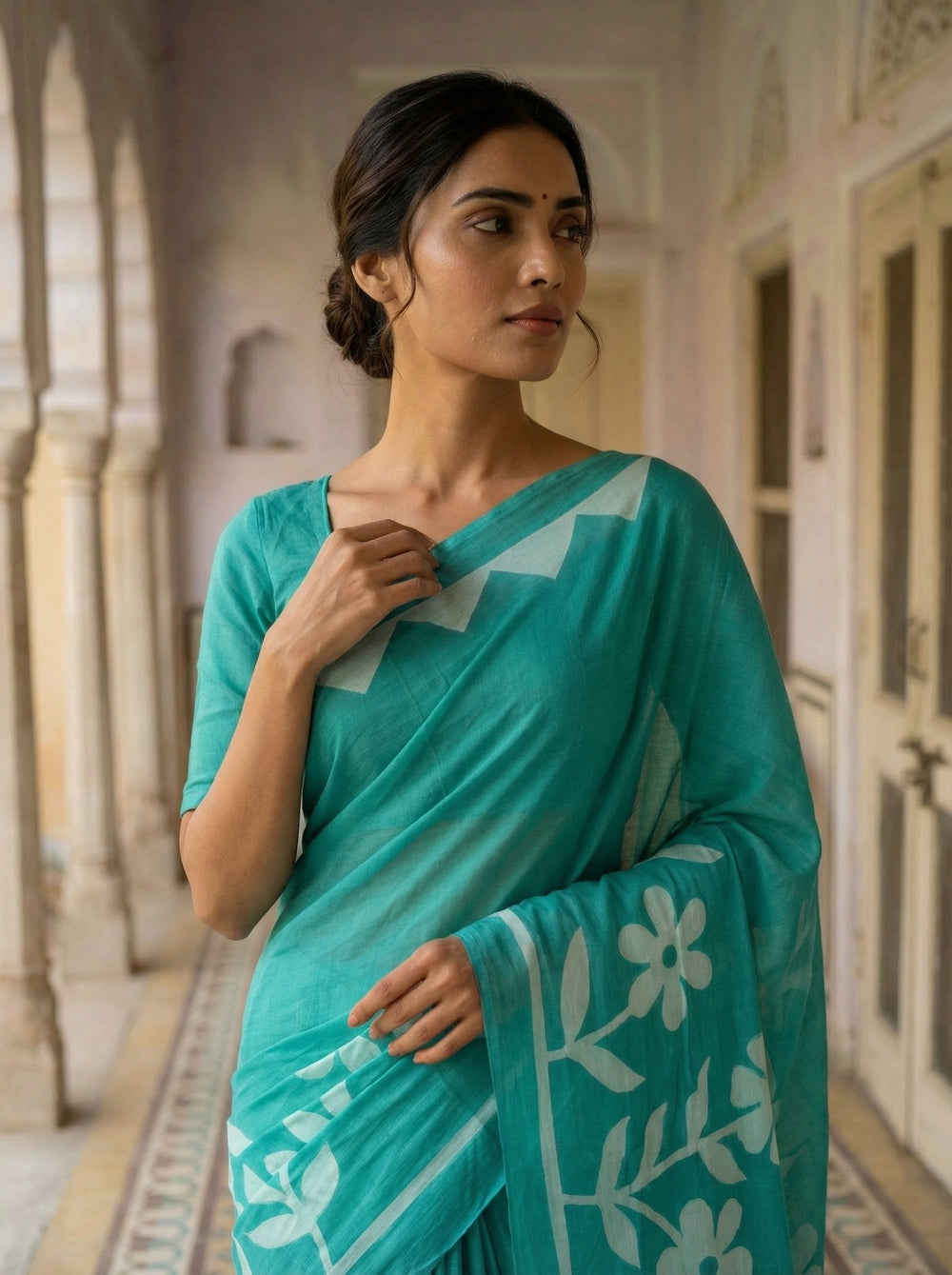 Teal Blue Soft Cotton Saree with White Floral Print & Contrast Border