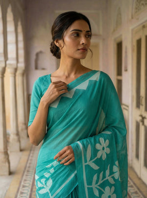 Teal Blue Soft Cotton Saree with White Floral Print & Contrast Border
