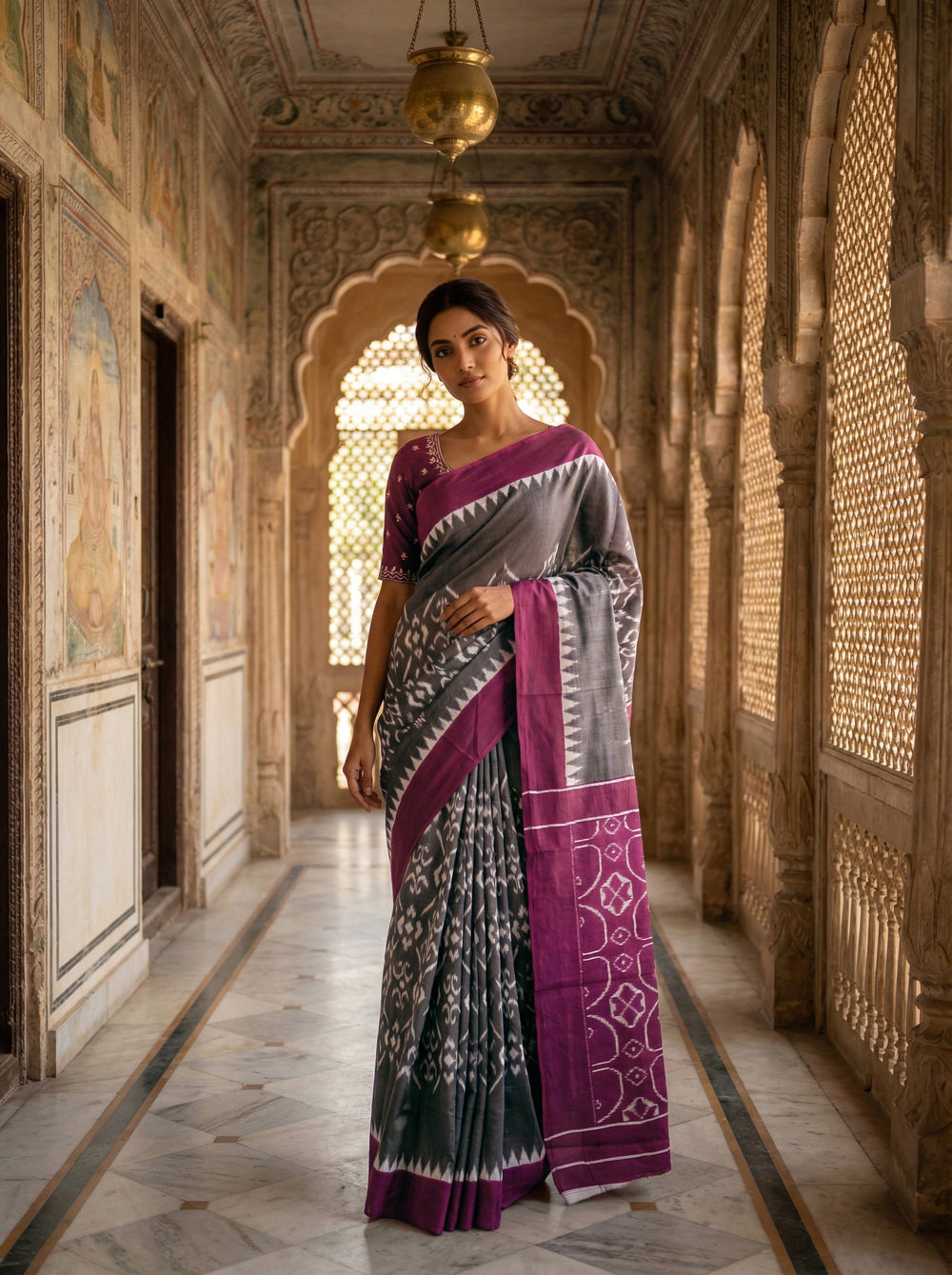 Soft Cotton Ikat Print Saree in Charcoal Grey with Magenta Contrast Pallu