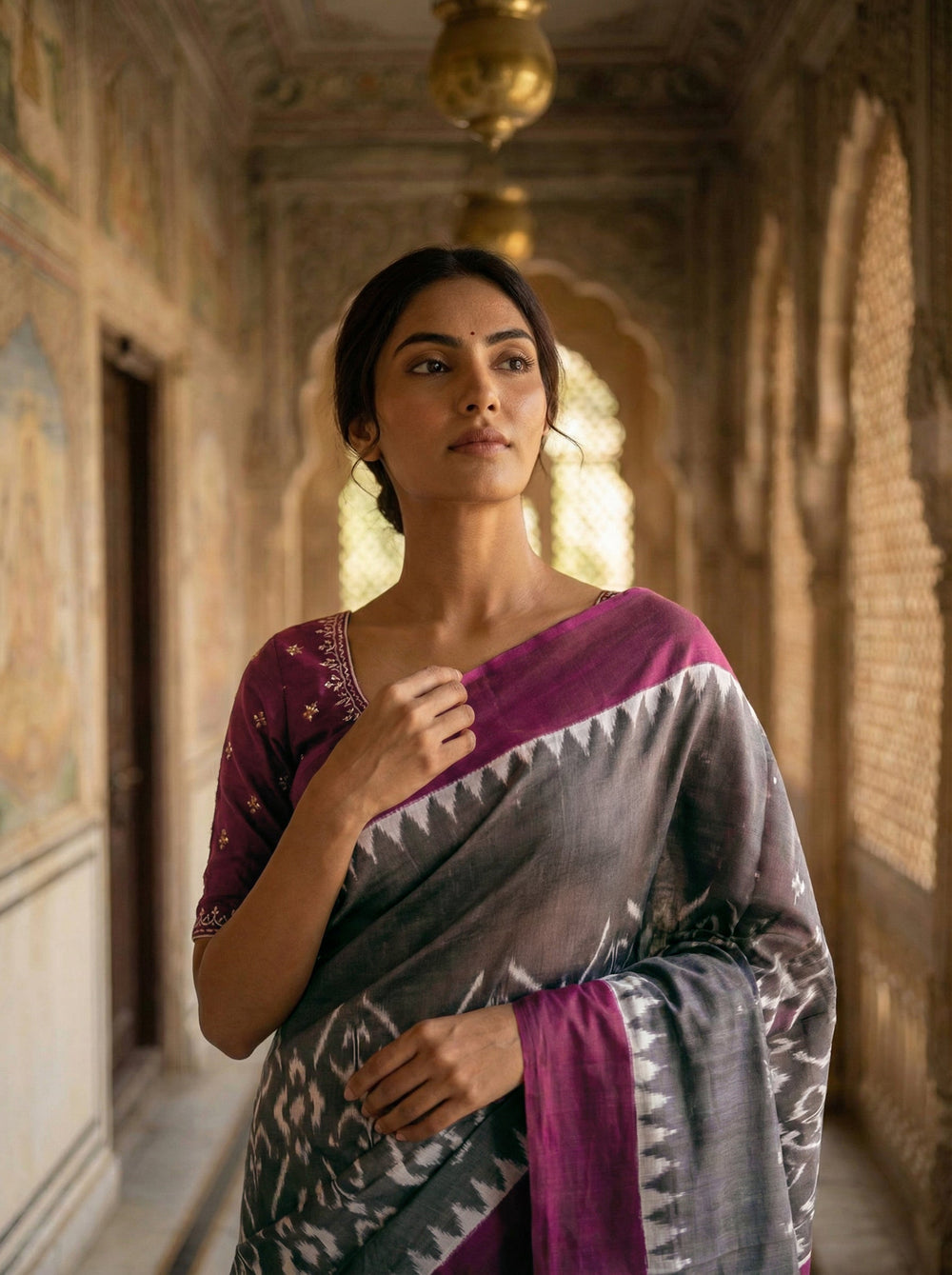 Soft Cotton Ikat Print Saree in Charcoal Grey with Magenta Contrast Pallu